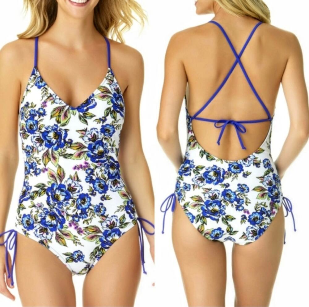 A.N.A New Approach Womens One Piece Swimsuit White Blue Romeo Floral Medium